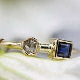 Princess cut Blue sapphire ring in bezel settings and tiny diamond with 18k gold high polished band