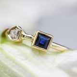 Princess cut Blue sapphire ring in bezel settings and tiny diamond with 18k gold high polished band