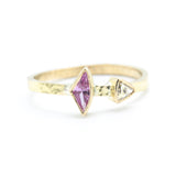 Pink sapphire ring and triangle diamond with 18k gold texture band