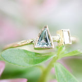 Triangle green sapphire ring and tiny rectangle diamond with 18k gold texture band