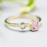 Rectangle Pink sapphire ring and tiny round diamond with 18k gold texture band