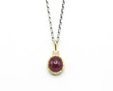 Red Natural Ruby and Princess cut Diamond  in 18k gold bezel settings with oxidized sterling silver chain