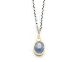 Blue star Sapphire, round diamond and Princess cut Diamond in 18k gold bezel settings with oxidized sterling silver chain