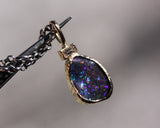 Fire opal and princess cut Diamond in 18k gold bezel settings with oxidized sterling silver chain