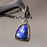 Opal and round tiny Diamond in 18k gold bezel settings with oxidized sterling silver chain