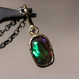 Rectangle faceted black Opal and round Diamond in 18k gold bezel settings with oxidized sterling silver chain