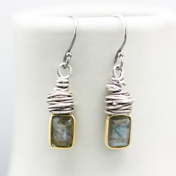 Rectangle Labradorite earrings with silver bird's nest and oxidized sterling silver hooks style