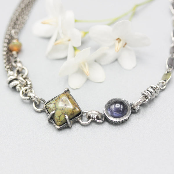 Square Turquoise pendant bracelet with Iolite and opal gemstone on sterling silver chain