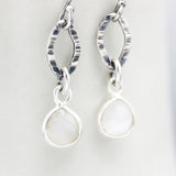 White Moonstone earrings in silver bezel setting with oxidized sterling silver hooks style