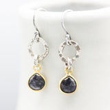 Teardrop faceted blue sapphire earrings in silver bezel setting with silver circle shape and hooks style on the top