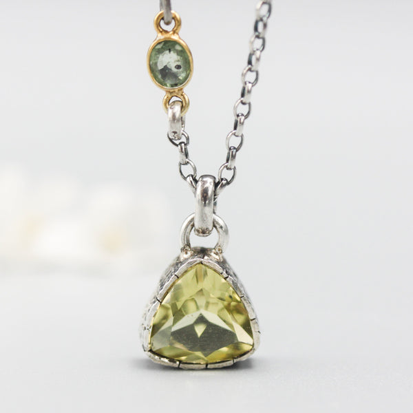 Trillion cut Lemon quartz pendant necklace with oxidized sterling silver chain