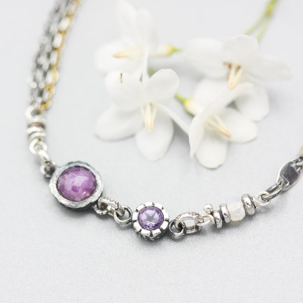 Pink sapphire pendant bracelet with Amethyst and Moonstone gemstone on sterling silver chain