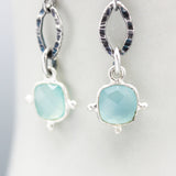 Square faceted blue chalcedony earrings and sterling silver hooks style