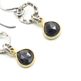 Teardrop faceted blue sapphire earrings in silver bezel setting with silver circle shape and hooks style on the top