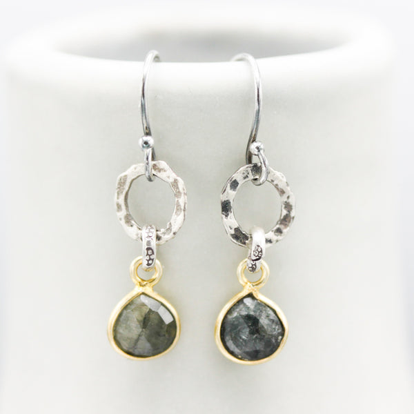 Teardrop faceted Emerald earrings in silver bezel setting with silver circle shape and hooks style on the top