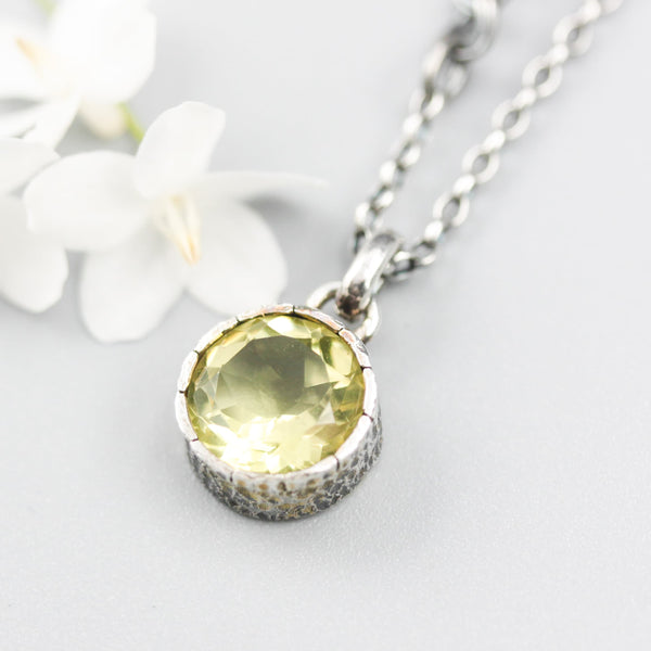 Round cut Lemon quartz pendant necklace with oxidized sterling silver chain