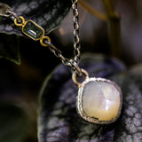 Square White Moonstone pendant necklace in silver bezel setting with oxidized sterling silver chain