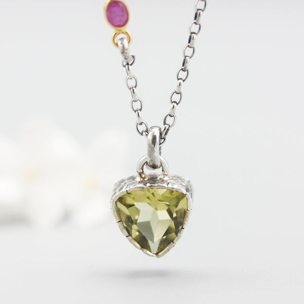 Trilliant cut Lemon quartz pendant necklace with oxidized sterling silver chain