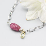 Ruby charm bracelet and green sapphire with oxidized sterling silver chain