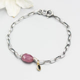 Ruby charm bracelet and dark green sapphire with oxidized sterling silver chain