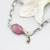 Ruby charm bracelet and dark green sapphire with oxidized sterling silver chain