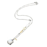 Square cabochon Moonstone pendant necklace in sterling silver bezel and prongs setting on sterling silver chain