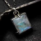 Square cabochon Moonstone pendant necklace in sterling silver bezel and prongs setting on sterling silver chain