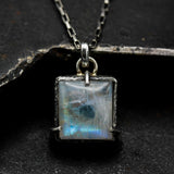 Square cabochon Moonstone pendant necklace in sterling silver bezel and prongs setting on sterling silver chain