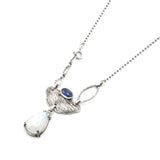 Teardrop Moonstone pendant necklace with silver leaf and oval tiny blue kyanite secondary