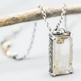 Princess cut Rutilated quartz necklace in silver bezel and prongs setting with sterling silver oxidized chain