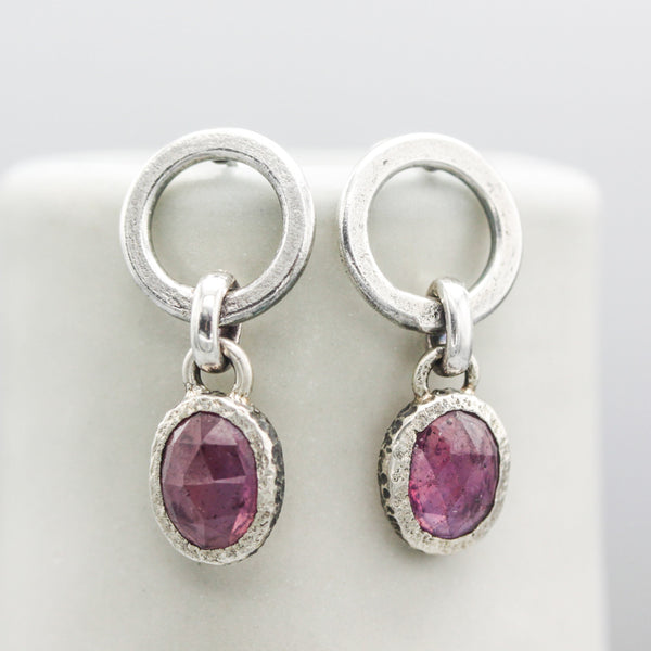 Oval pink sapphire earrings and circle silver loops with sterling silver stud style