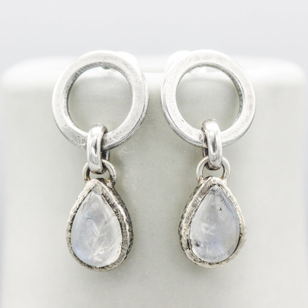 Teardrop Moonstone earrings and circle silver loops with sterling silver stud style