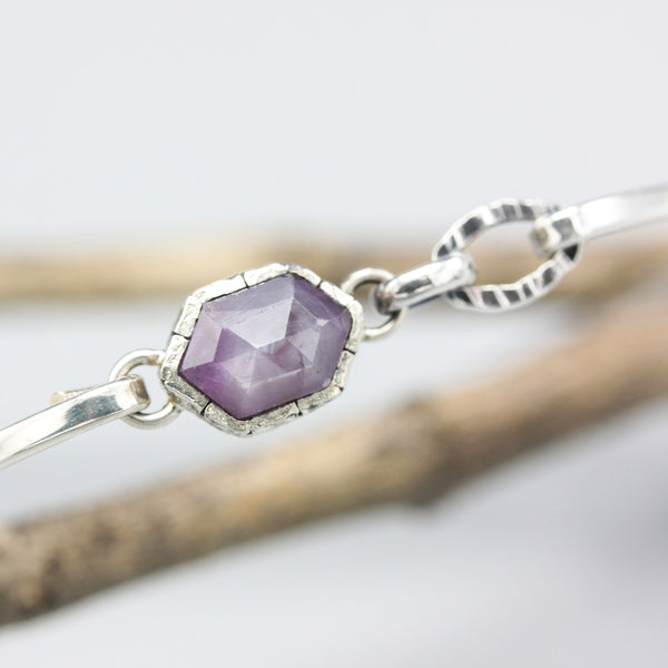 Hexagon pink sapphire bangle bracelet in silver bezel setting with sterling silver high polish finished band