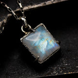 Square cabochon Moonstone pendant necklace in sterling silver bezel and prongs setting on sterling silver chain