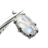 Oval cabochon Moonstone pendant necklace in sterling silver bezel and prongs setting on sterling silver chain