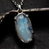 Moonstone pendant necklace in sterling silver bezel and prongs setting with sterling silver chain