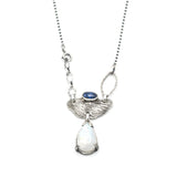 Teardrop Moonstone pendant necklace with silver leaf and oval tiny blue kyanite secondary