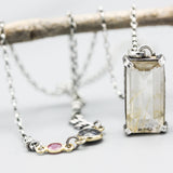 Princess cut Rutilated quartz necklace in silver bezel and prongs setting with sterling silver oxidized chain