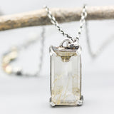 Princess cut Rutilated quartz necklace in silver bezel and prongs setting with sterling silver oxidized chain