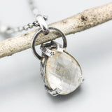 Teardrop Rutilated quartz necklace in silver bezel and prongs setting sterling silver chain