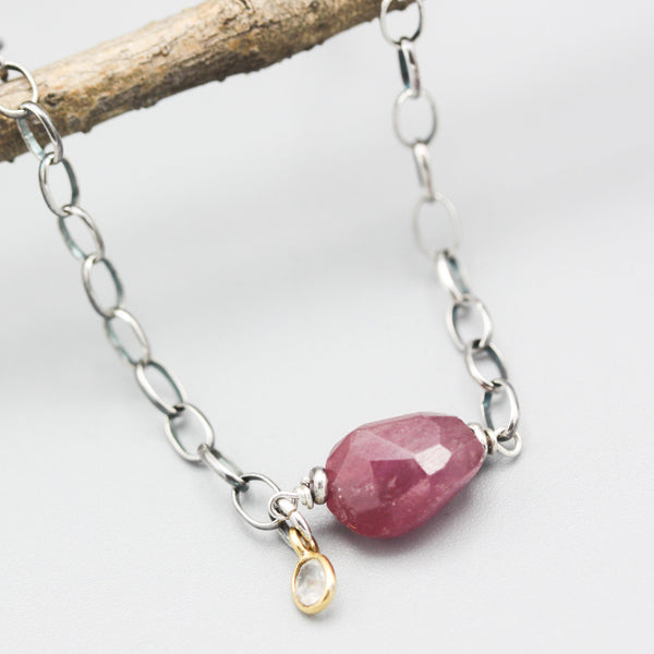 Ruby nugget choker necklace with sapphire with sterling silver chain