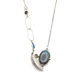 Labradorite pendant necklace, moss agate and silver leaf shape with blue kyanite gemstone secondary on sterling silver oxidized chain