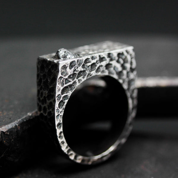 Handmade Sterling Silver Signet Ring with Rough Diamond and 0.10 ct Diamond – Hammered Textured Band, Unique Oxidized Finish