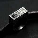 Handmade Sterling Silver Signet Ring with Rough Diamond and 0.10 ct Diamond – Hammered Textured Band, Unique Oxidized Finish