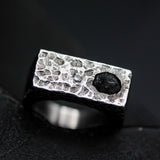 Handmade Sterling Silver Signet Ring with Rough Diamond and 0.10 ct Diamond – Hammered Textured Band, Unique Oxidized Finish