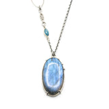 Handmade Oval Natural Labradorite Pendant Necklace with Silver Leaf & Marquise Paraiba Kyanite Accents – Sterling Silver Chain