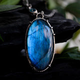 Handmade Oval Natural Labradorite Pendant Necklace with Silver Leaf & Marquise Paraiba Kyanite Accents – Sterling Silver Chain