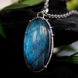 Handmade Oval Natural Labradorite Pendant Necklace with Silver Leaf & Marquise Paraiba Kyanite Accents – Sterling Silver Chain