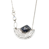 Handmade Blue Sapphire Pendant Necklace with Oxidized Silver Fan Engraving, Elegant Gemstone Jewelry on Sterling Silver Chain