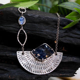 Handmade Blue Sapphire Pendant Necklace with Oxidized Silver Fan Engraving, Elegant Gemstone Jewelry on Sterling Silver Chain